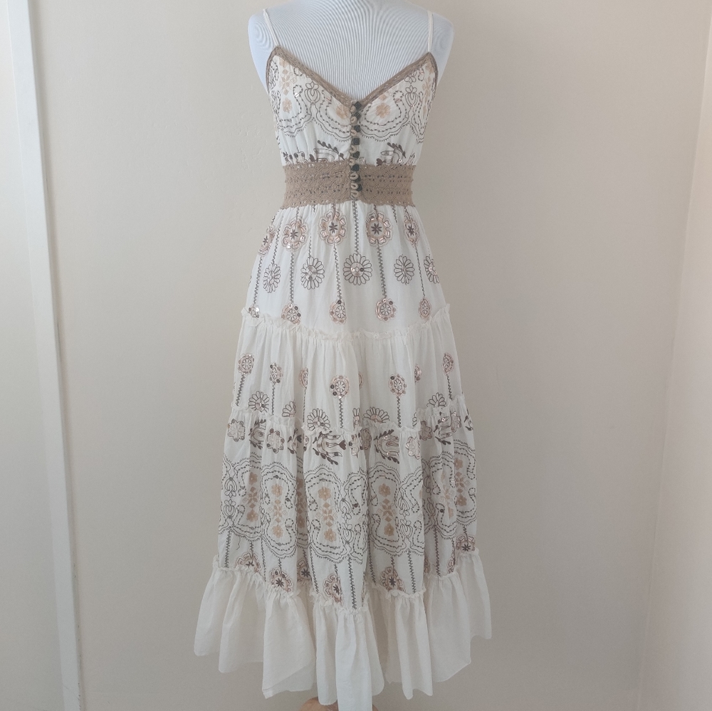 Tiered Embroidered Sequins Peasant Vintage Dress